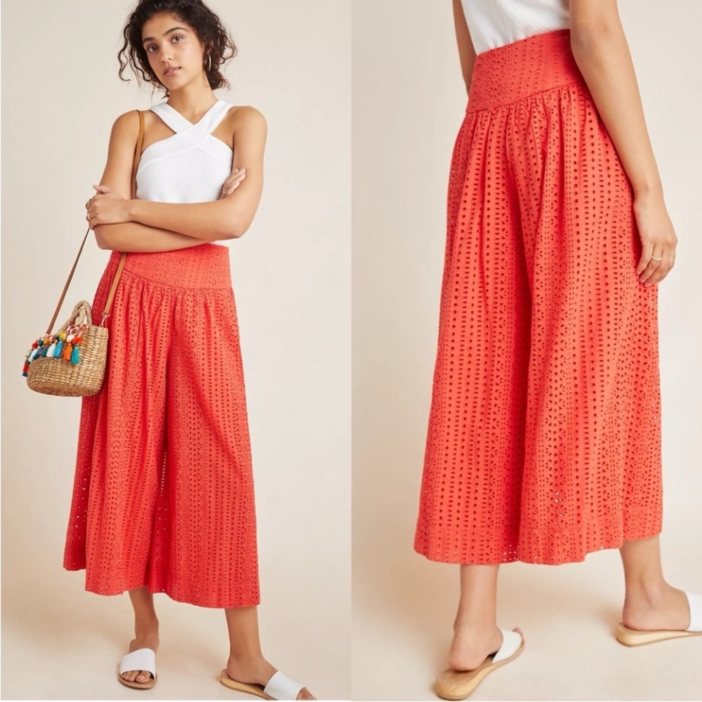 By Anthropologie Wide-Leg High-Waist Eyelet crop Culotte Pants
